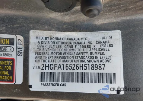 2006 Honda Civic Lx z USA, uszkodzony, nr VIN 2HGFA16526H518987